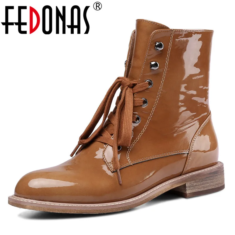 

FEDONAS Retro High Qulaity Women High Heels Ankle Boots Lace Up Patent Leather Short Motorcycle Boots Warm Basic Martin Shoes