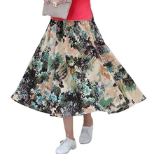 Хлопок Лен плиссированные юбки китайский Стиль с цветочным принтом юбка Демисезонный эластичный пояс лодыжки Длина карманы юбка