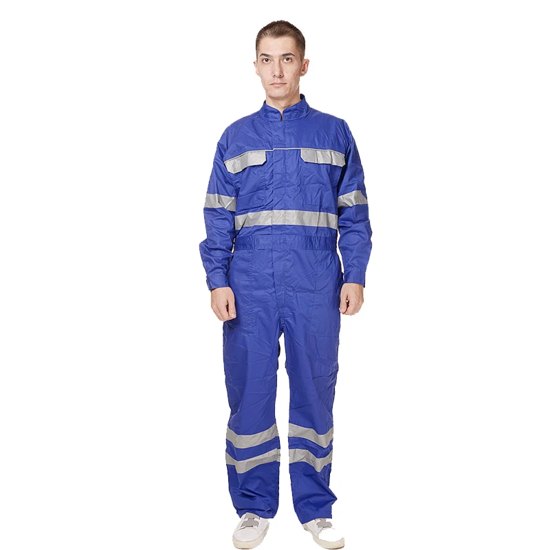 Mechanic cotton blue workwear coveralls with reflective tape jumpsuit