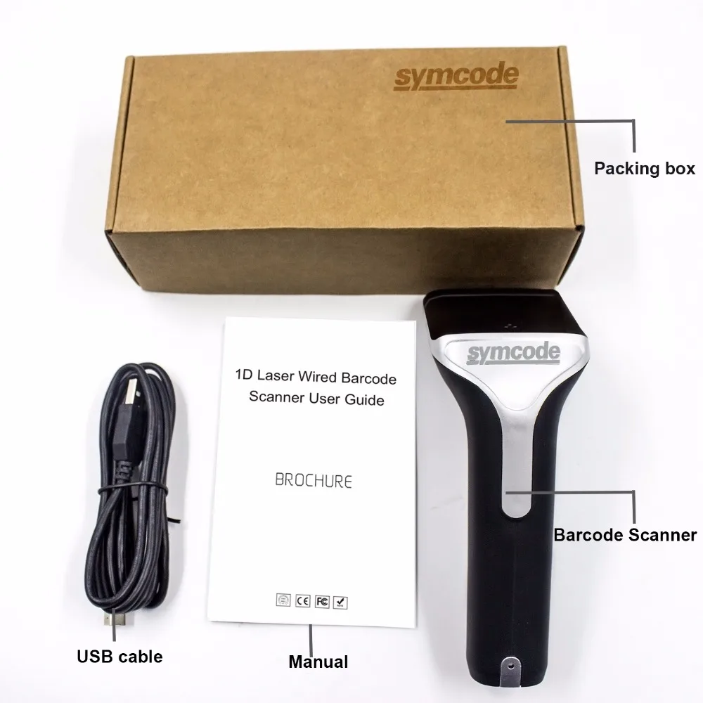Сканер штрих кодов лазерный ручной сканер кода Symcode 1D проводной USB считыватель