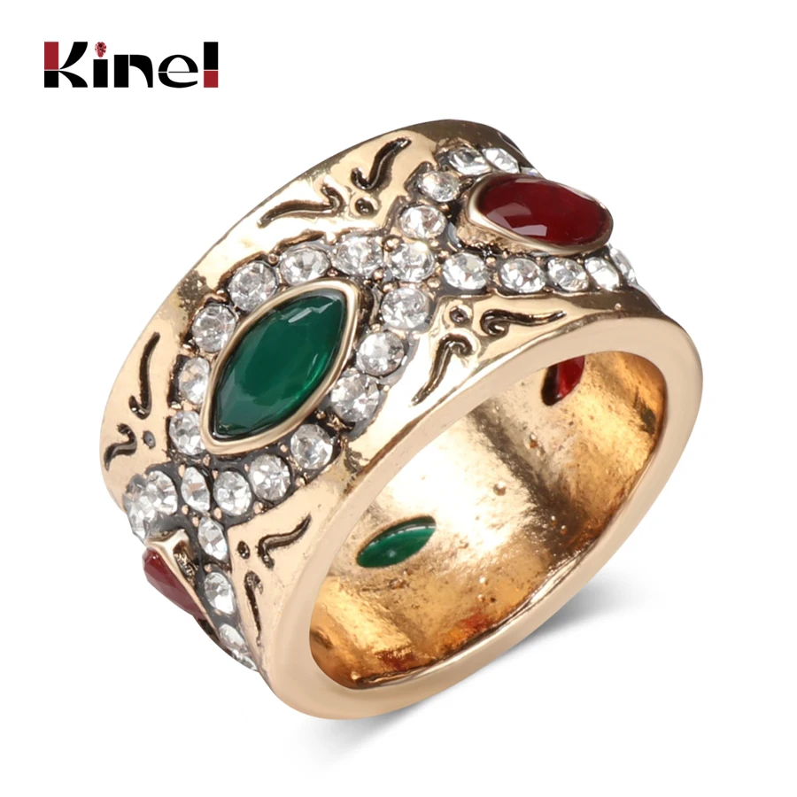 

Kinel Turkish Round Finger Rings For Women Antique Gold Color Round Crystal Caesar Crown Ring Vintage Ethnic Wedding Jewelry