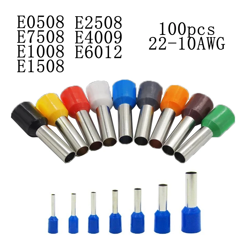 

100pcs/Pack E0508 E7508 E1008 E1508 E2508 Insulated Ferrules Terminal Block Cord End Wire Connector Electrical Crimp Terminator
