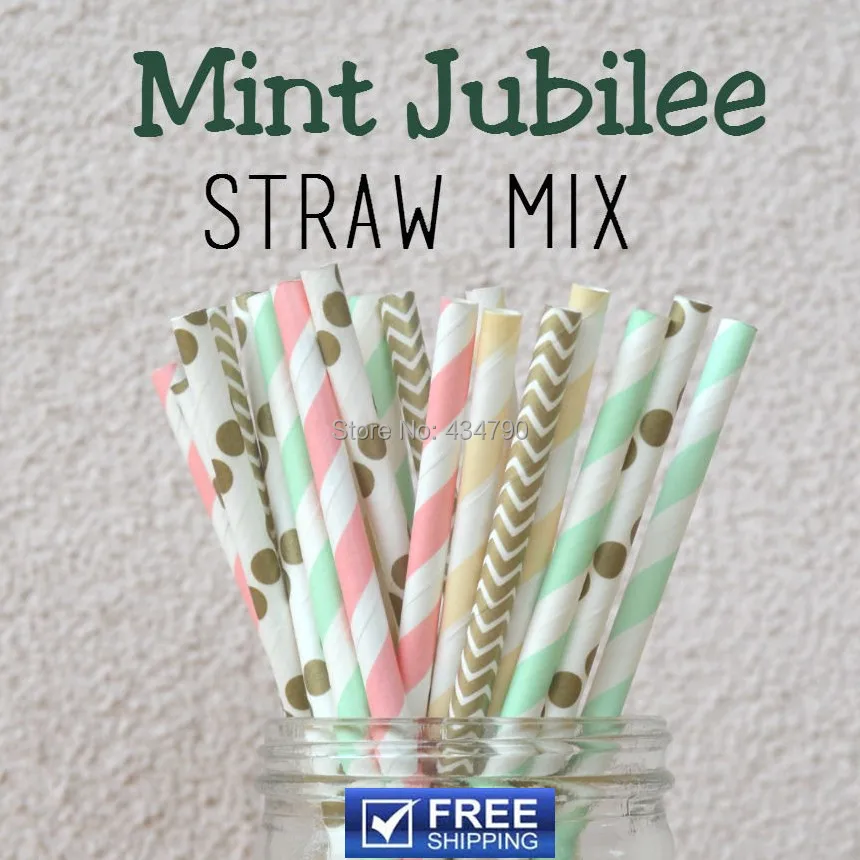 

250 Pcs Mix 5 Designs Baby Pink Gold Mint Cream Wedding Paper Straws - Mint Jubilee Party Supplies -Polka Dot, Chevron, Striped