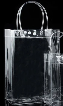 

wholesale 21x34x10cm Transparant PVC Gift Tote Packaging Bags With Handle Clear Plastic Clothing wind packing bag