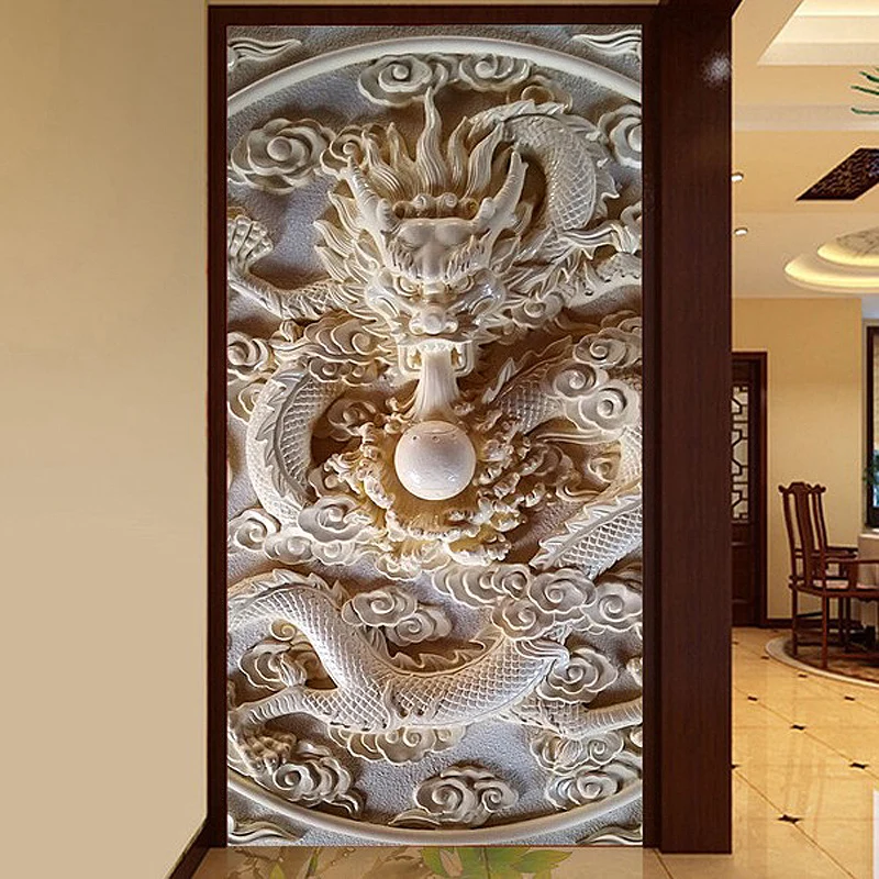 

Free Shipping Zhen heart Yulong Hotel Home 3D wallpaper embossed top surface corridor jade dragon playing with a pearl wallpaper