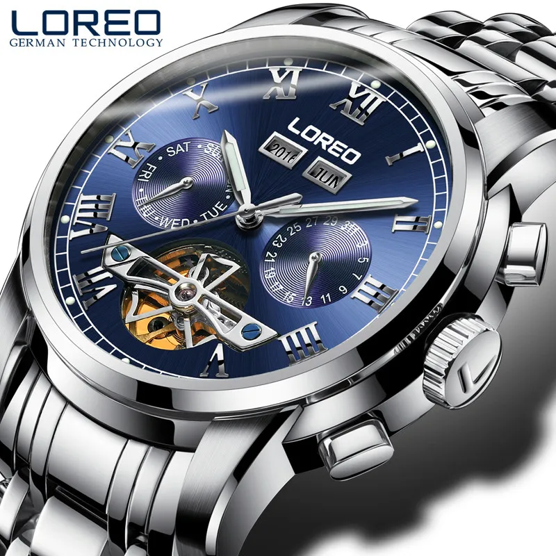 LOREO watches men full Calendar Tourbillon sapphire multiple functions Water Resist Mechanical Wristwatches Christmas gift O47