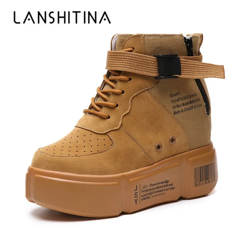 

2018 Autumn Ankle Boots Shoes Woman Casual 10CM Heel Wedge Platform Sneakers Hidden Increasing Boots High Top Hidden Heels Shoes