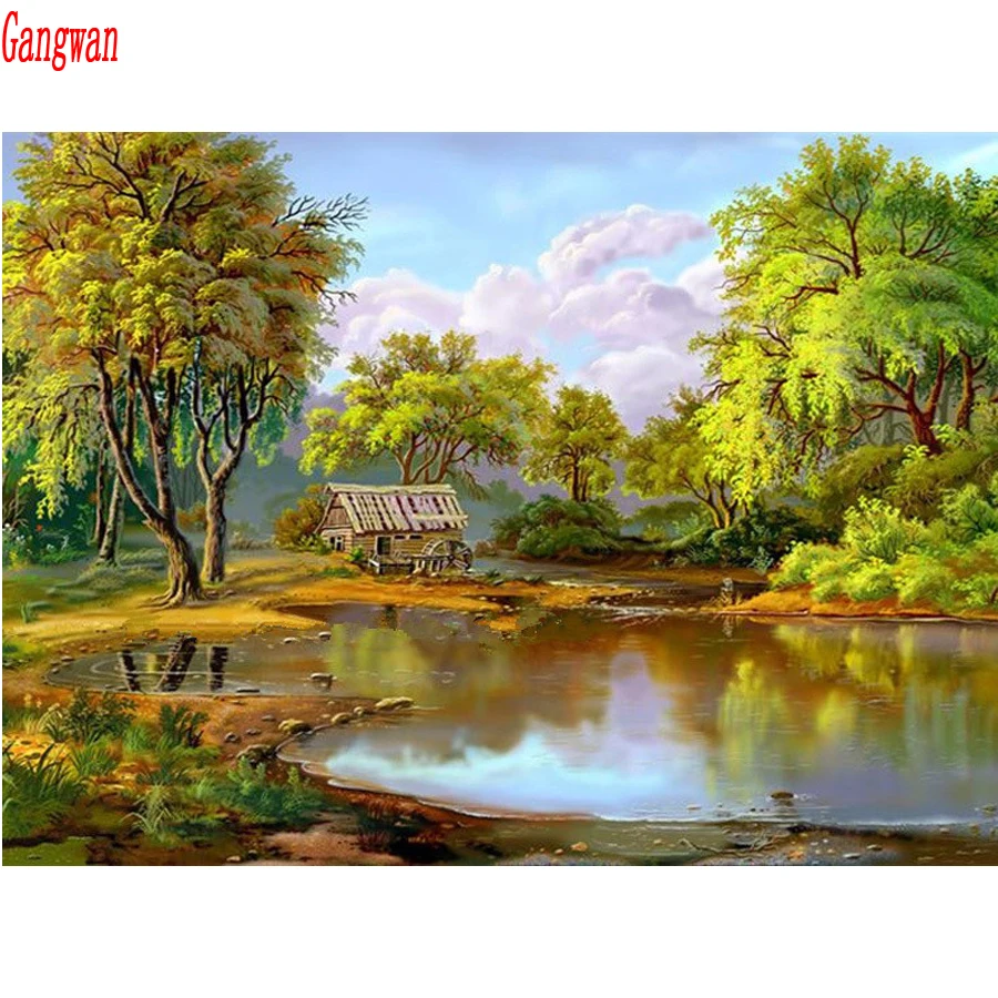 Diamond Embroidery sale village house Rhinestone picture Mosaic Full 5D DIY Diamond Painting tree lake landscape cross stitch decor