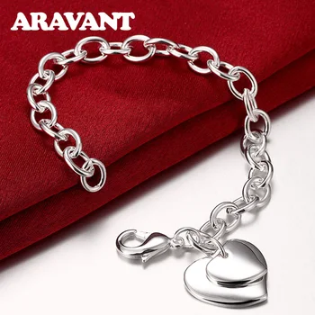 

925 Silver Double Heart Lobster Clasp Bracelets For Women Silver 925 Jewelry