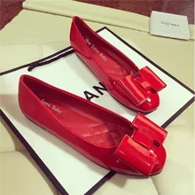 Free shipping spring new European square head bow flat shallow mouth red patent leather shoes singles