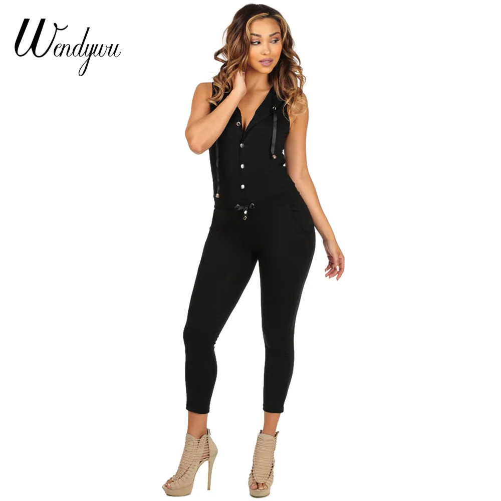 Wendywu New Women Sexy Sleeveless Hoodie Solid Black Buttons Ankle