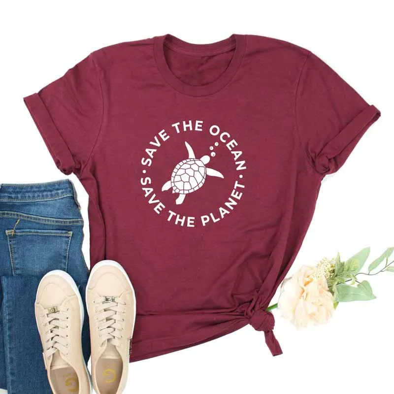 

Save The Ocean Save The Planet Turtle Print T-shirt Stylish Women Graphic Eco Tee Top Summer O-Neck Cotton Tumblr Slogan Tshirt