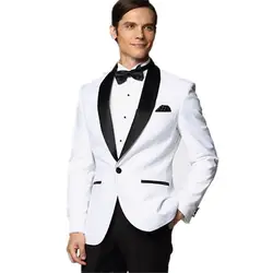 Последний дизайн пальто брюки на заказ Черная шаль нагрудные смокинги для жениха белые мужские костюмы мужские свадебные костюмы (пиджак +