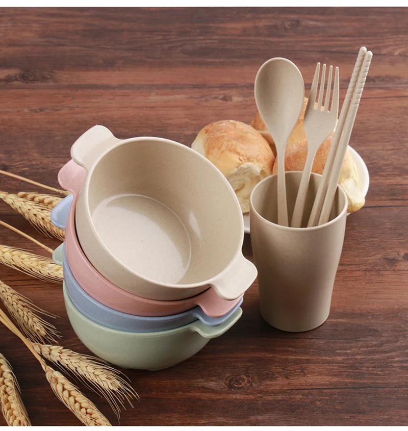 Conjunto de Placa de Alimentação Bandeja do Bebê Comida da Criança Pratos com Garfo Crianças Louça Trigo Palha Recipiente Colher Utensílios T0529 9 Mamãe e Bebê