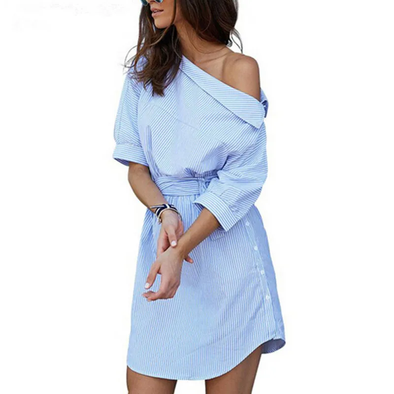 

2019 Fashion One Shoulder Blue Striped Women's Dress Sexy Side Split Elegant Half Sleeves Belt Casual Beach Dresses Vestidos