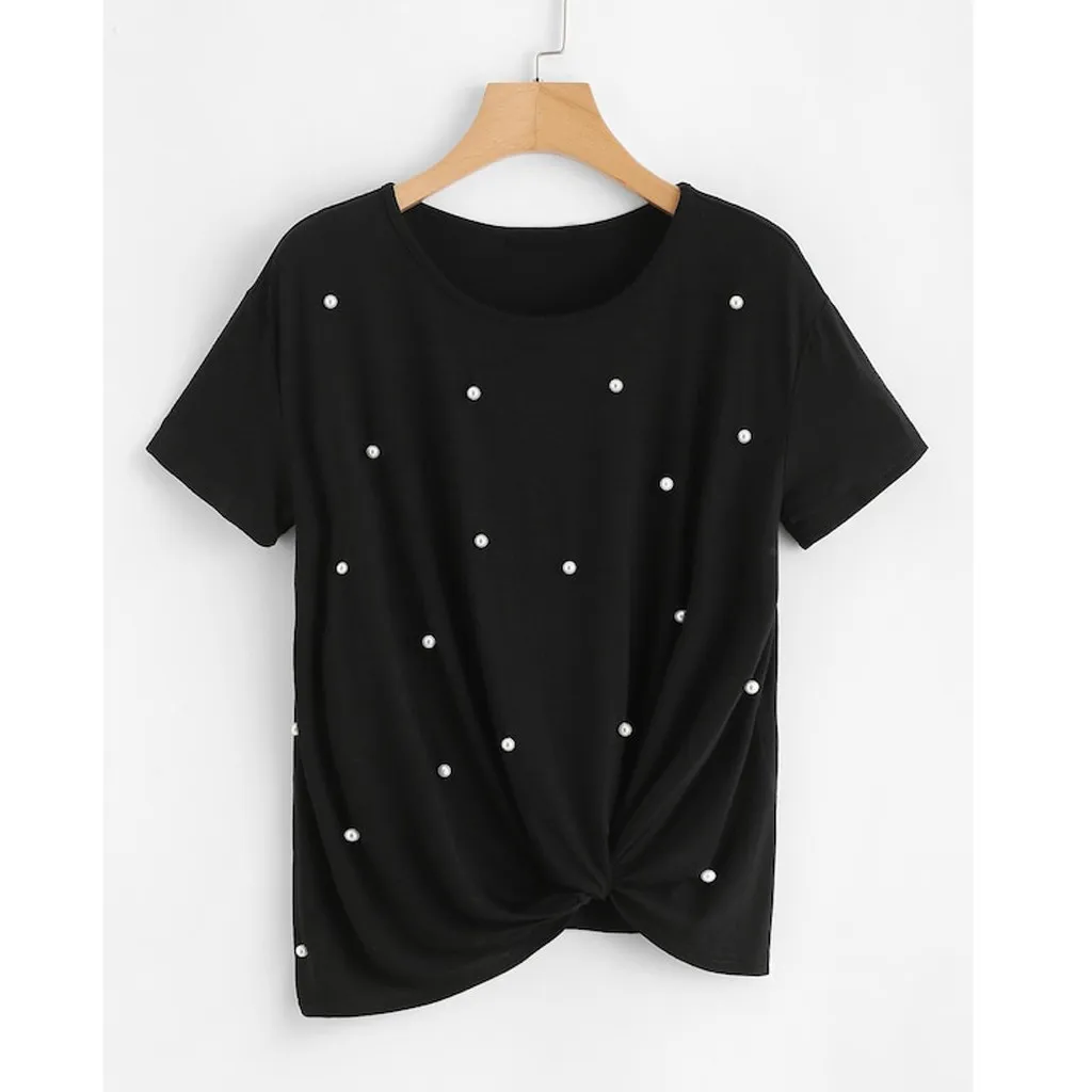 

Solid Pearl Embellished Fashion women t shirt Short Sleeve O-Neck Tee Tie T-shirt Tops streetwear camisetas mujer manga corta