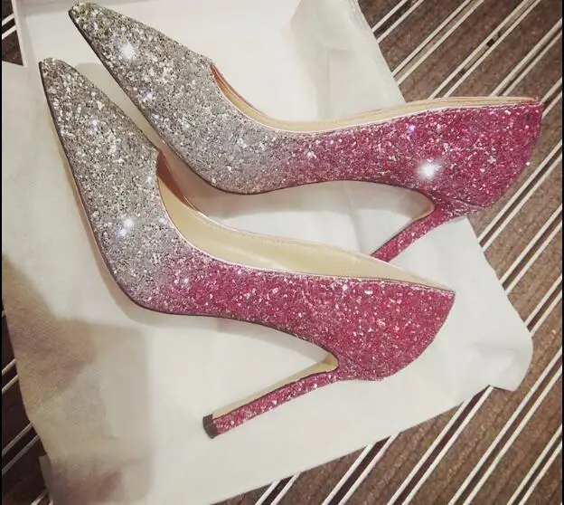 

Brand Gradient Glittered Pumps Fashion Pointed Toe Stiletto Heels Women Dress Party Wedding Shoes Woman Bling Bling 10/8cm