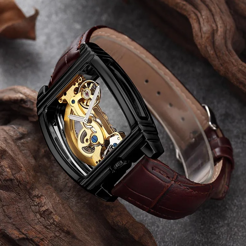 SHENHUA Роскошные Брендовые Часы для мужчин Золотой мост часы Скелет автоматические механические наручные часы коллекция Tourbillion часы - Цвет: BLACK BROWN