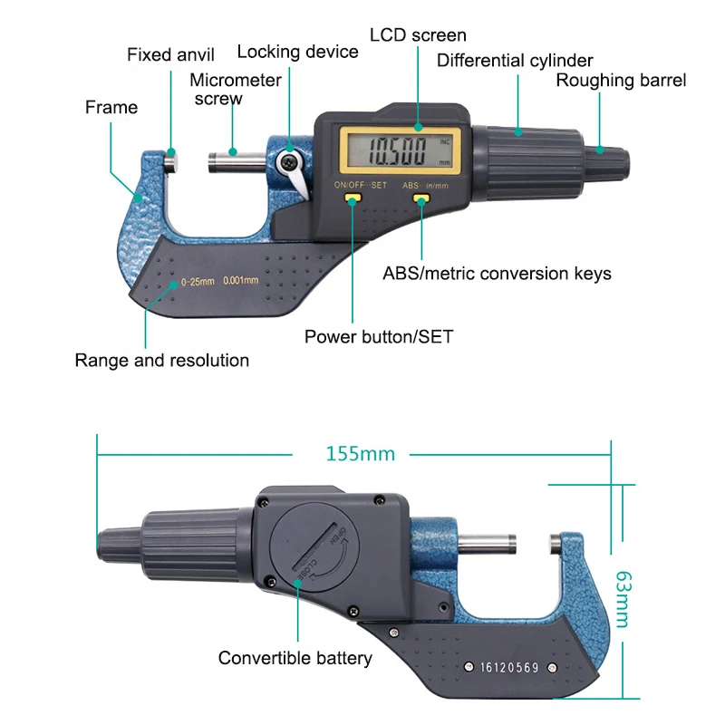 

Digital Micrometer 0-25mm 0.001mm Electronic Durable Alloy Outside High Precision Caliper HYD88
