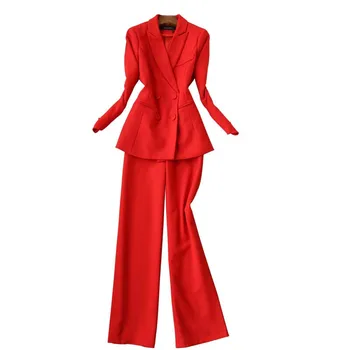 

Fashion Women Offiec 2 Piece Set 19spring New High-end Business suit red suit coat + wide-leg long pants two-piece suit women