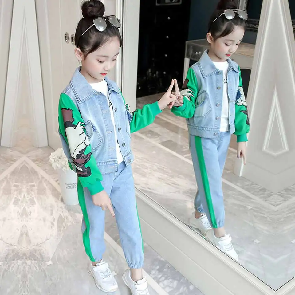 Autumn Girls Set Cartoon Pattern Jacket+Jeans Fashion Clothing For Girls Teenage Spring Clothes For Kids 4 6 8 12 13 Years - Цвет: Зеленый