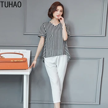 

TUHAO 5xl 4xl 3xl Striped Office Two Piece Set Women Long Sleeve Tops +pants Trousers Ladies Sets Suits Women's SETS 2019 LZ16