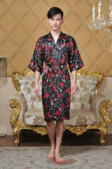 

Free Shipping!Wholesale And Retail Chinese Men's Silk Rayon Robe Gown With Belt Character S M L XL XXL XXXL MR008