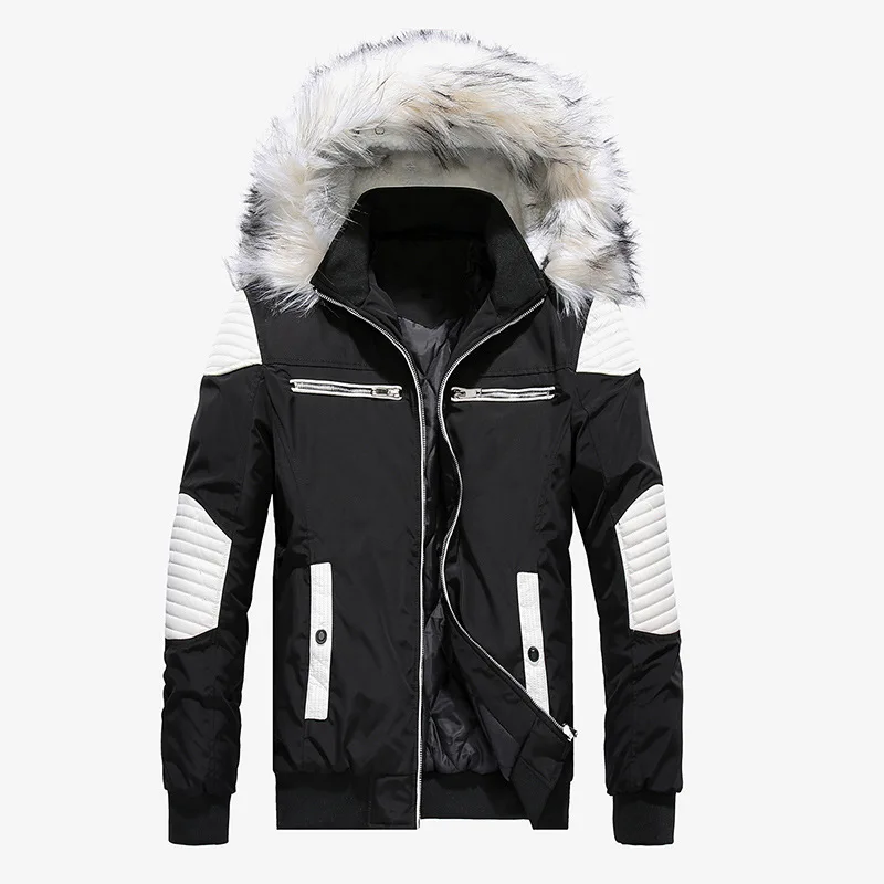 Осенне-зимняя мужская куртка с большим меховым капюшоном, толстое теплое мужское зимнее пальто в стиле пэчворк, цветная ветрозащитная Мужская парка, мужская верхняя одежда - Цвет: black white
