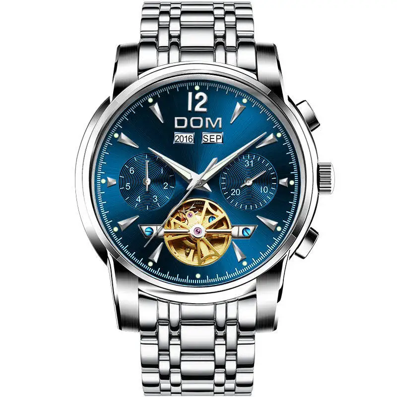 DOM Mechanical Watch Men Wrist Automatic Retro Watches Men Waterproof Black Full-Steel Watch Clock Montre Homme M-75BK-1MW - Цвет: M-75D-2MW