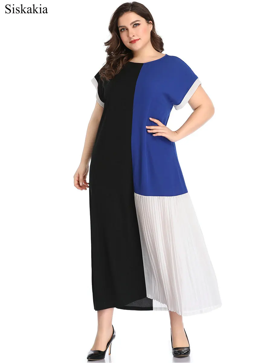 Siskakia Fashion Color Block Stitching Dress For Women Euro and American Round Neck Short Sleeve Big Size Female Dress Summer  (3)