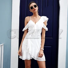 CUERLY Ruffle cold shoulder white dress women High waist wrap chiffon dress vestidos Streetwear strap casual summer dress 2019 ruffle trim spot chiffon wrap dress
