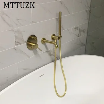 

MTTUZK Solid Brass Brushed gold Wall Mounted Bathtub Mount Shower Set Bathtub Filler Hot & Cold Mixer Valve 2 Function Taps