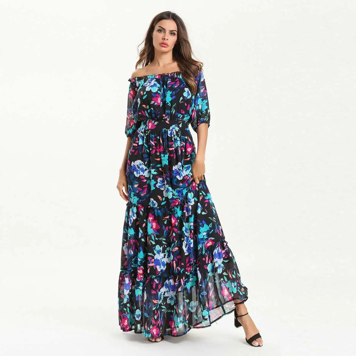 

2019 Summer Slash Neck Printed Bohemian Maxi Dress Lining Inside Lace Up Muslim Abaya Islamic Dubai Arabic Morocco Robe VKDR1548