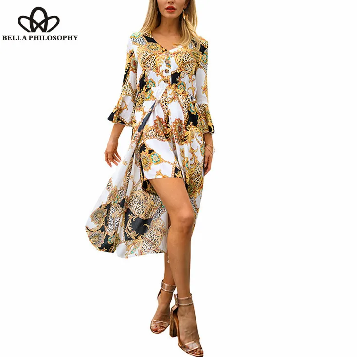 Wonder Ladies Playsuit Vintage Women Jumpsuit Chain Print V-Neck Ruffles Sleeve Button Asymmetry Flare Sleeve Rompers Shorts