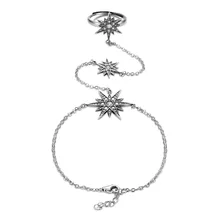 Игристое 925 Серебро длинные цепи руку браслет стекируемые пальцем круг геометрические звезды Micro Pave Bijoux подарок