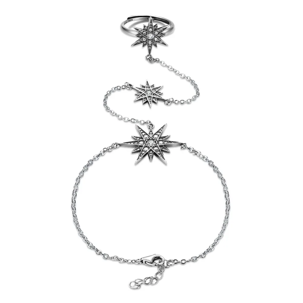 

2018 Sparkling 925 Sterling Silver long link chain hand bracelet stackable finger circle Geometric Stars micro pave Bijoux Gift