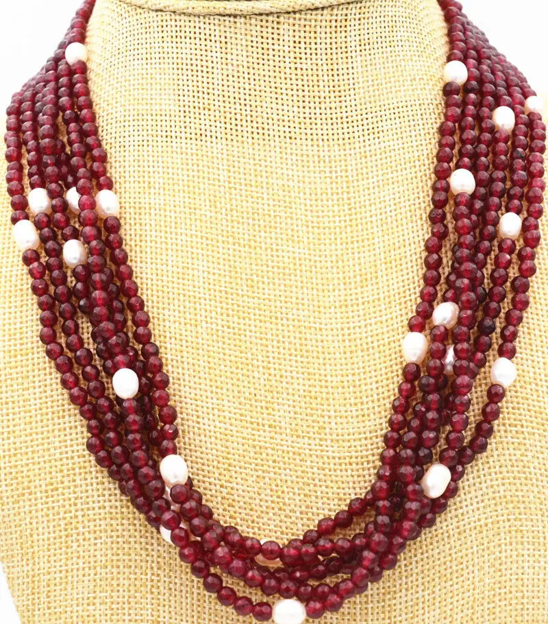 

FREE SHIPPING>>>@@ Stunning! White Pearl Natural Garnet faceted Necklace 18 " 6 row WW #@