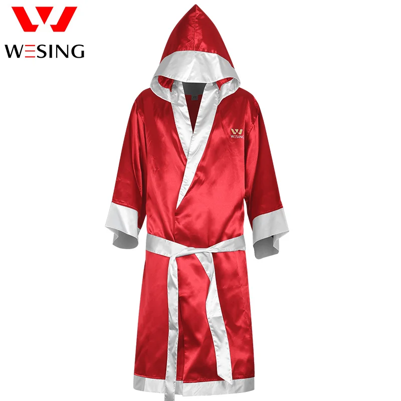 Wesing Satin Boxing Robe with Hood Robe Boxing Cloak Red Bluecloak men