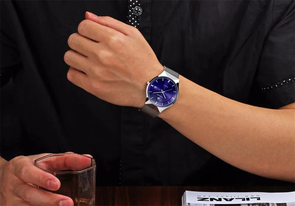 Мужские часы от ведущего бренда, Роскошные водонепроницаемые ультра тонкие часы с датой, мужские часы с серебристым стальным ремешком, повседневные кварцевые часы, мужские спортивные наручные часы