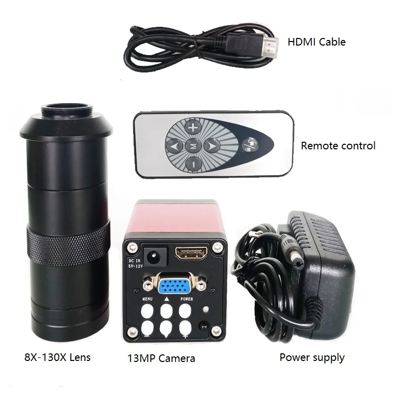  8X-130X Remote control 13MP HDMI VGA Industrial Microscope Digital camera 56 Led ring light for sol