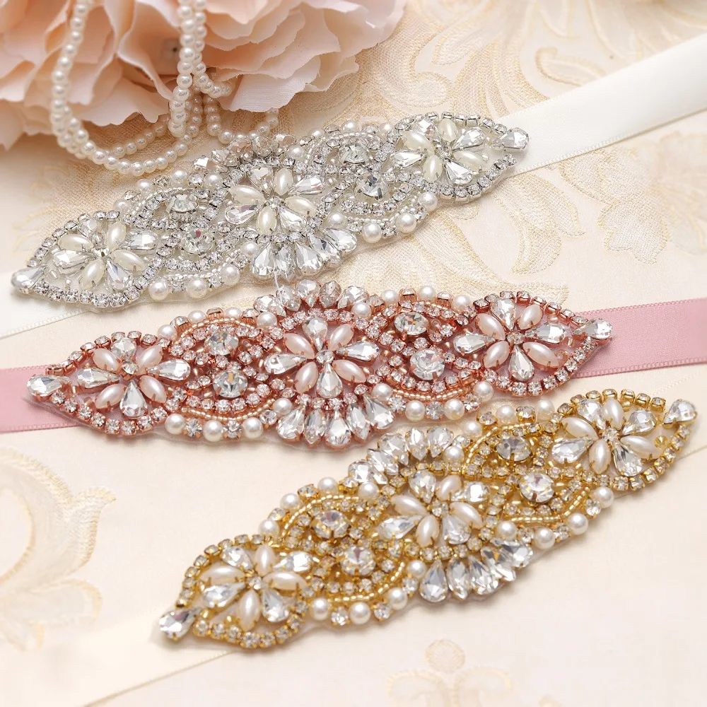 

Yanstar Pearls Wedding Belt Bridal Diamond Belt Handmade Silver Rhinestones Belt For Wedding Dress 45WB848