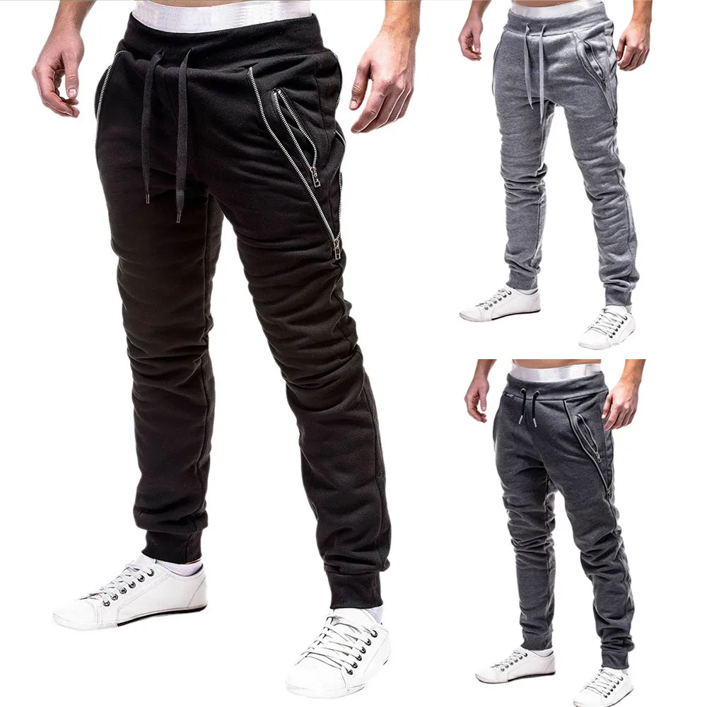 

Fashion Men's Sport Zipper Lashing Belts Casual Loose Sweatpants Comfortable casual style Drawstring Pant 2018 Drop Ship