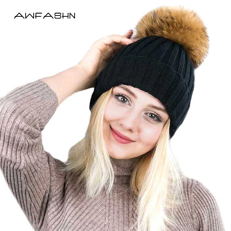 Съемный меховой помпон шапка с помпоном для женщин skullies beanies теплые чулки шапка Осенняя шапка зимняя шапка женская