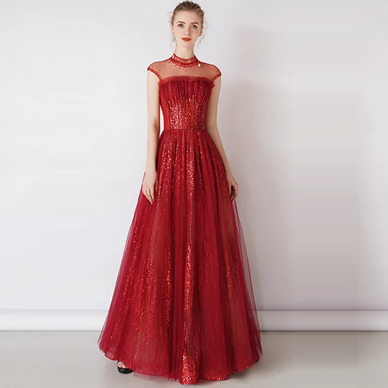 

Evening Dress Crystal Robe De Soiree Sequin Women Party Dresses 2019 Long Plus Size High Collar Sleeveless Evening Gowns E663