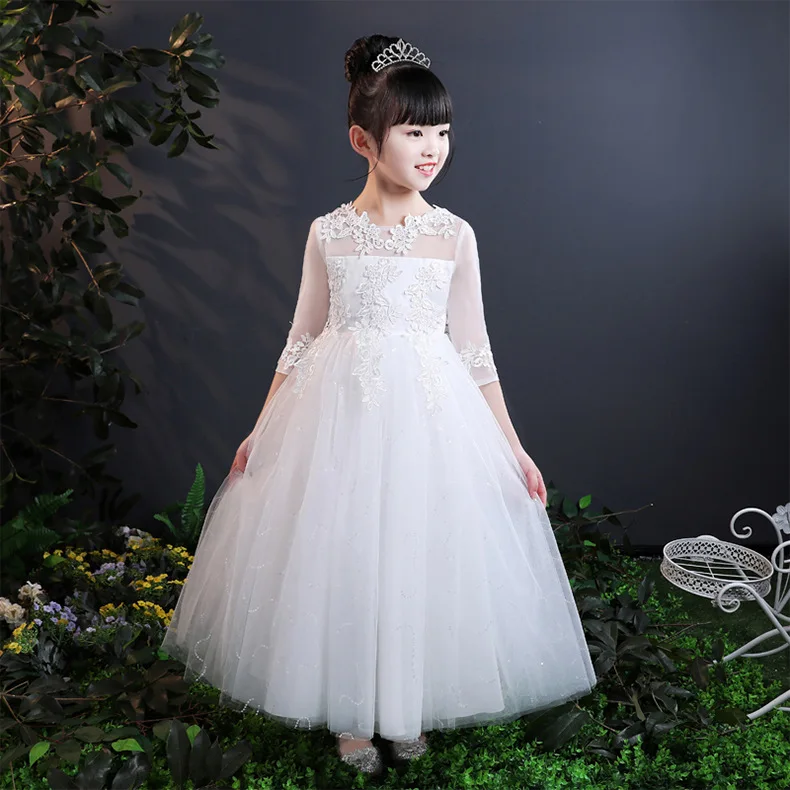 

2018 Baby Girls Lace Embroidery Dress Kids White Wedding High-end Dress Flower Vestidos Long Party Princess Dress Girls Clothes