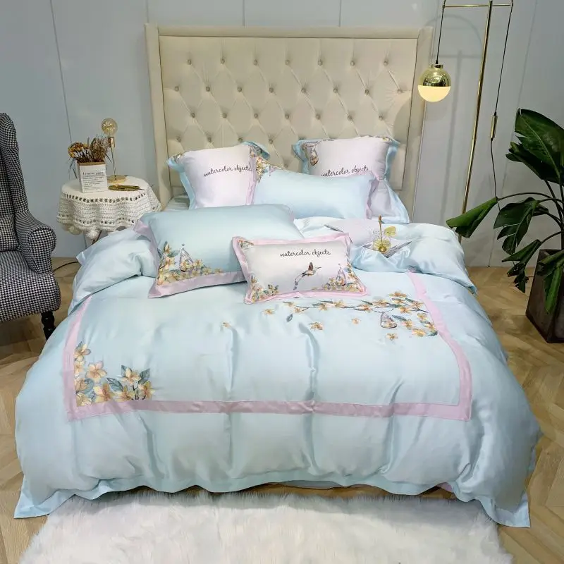 

Light blue tencel Bedding Set Bed Sheet Duvet Cover Pillowcase 1/4/6 pcs embroidery Bed Cover Bed Linen