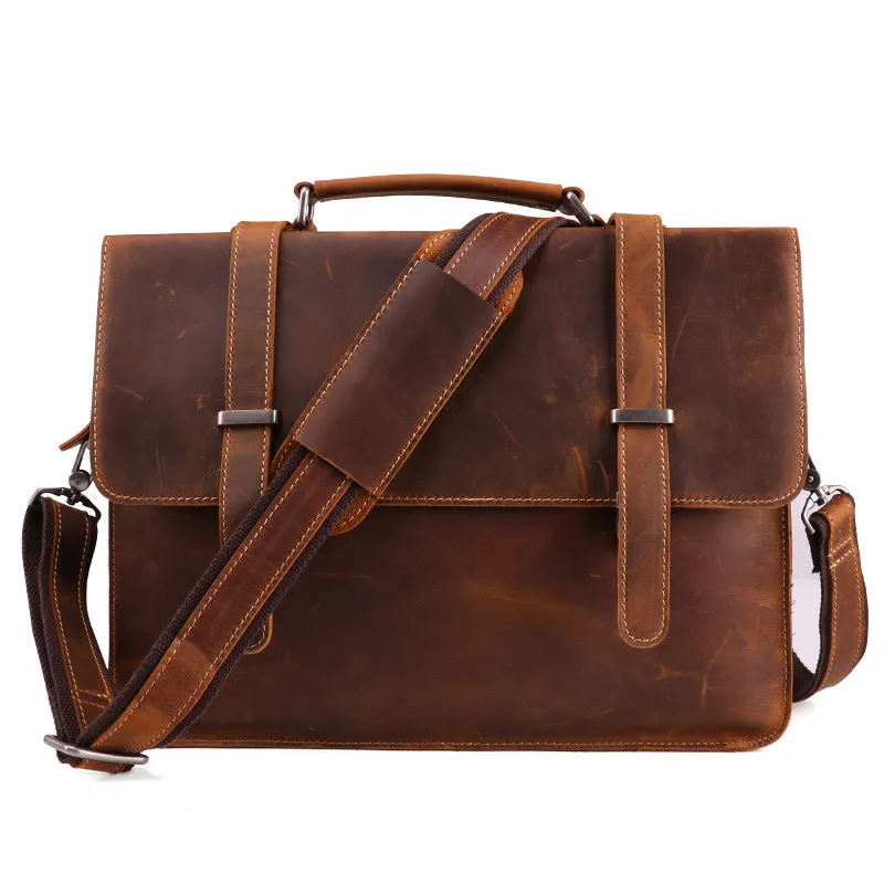 

Natural Crazy Horse Leather Men Handbags Genuine Leather Shoulder Messenger Bags Casual Laptop Bag Vintage Business Briefcase