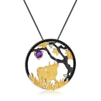 

GEM'S BALLET Natural Amethyst Gemstone Chinese Zodiac Jewelry For Women 925 Sterling Silver Handmade Ox Pendant Necklace