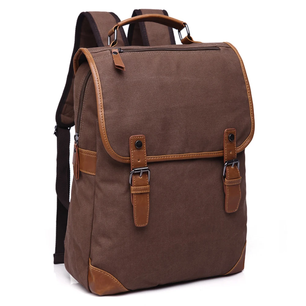 Retro Canvas Men's Backpacks Pu Leather Trim Flap Large Capacity Laptop