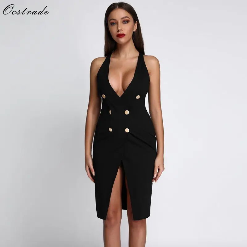 

Ocstrade Sexy Bodycon Dress 2019 Summer New Deep v Neck Night Out Party Bodycon Dress Women Black Bodycon Dess